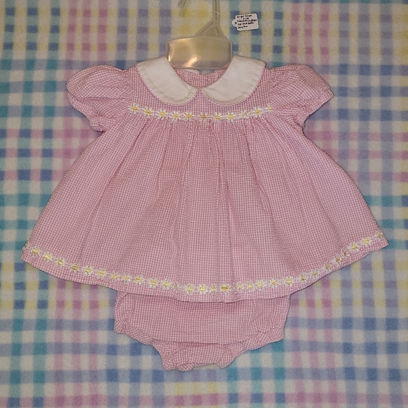 BRIGHT FUTURE ♡ Vintage 2pc Pink|White Daisy Floral Seersucker Dress Outfit 0-3M - Picture 8 of 15